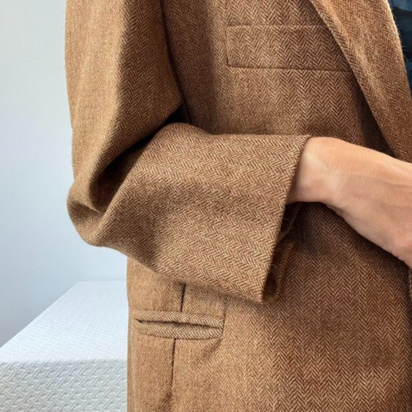 Vintage Pierre Cardin Pure Virgin Wool Herringbone dark Camel Brown Suit Jacket - Picture 8 of 15